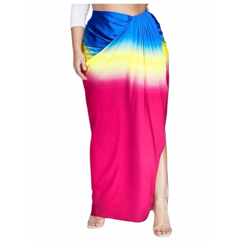 NWT Garners Style FTF Tie Dye Draped Slit Maxi Skirt Blue Pink Resort Size 14/16
